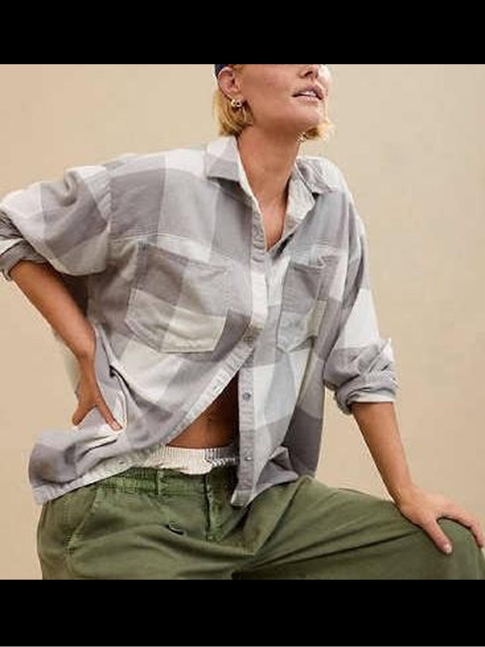 Aerie NWT Anytime Fave Flannel Button Down Gray White Buffalo Plaid M